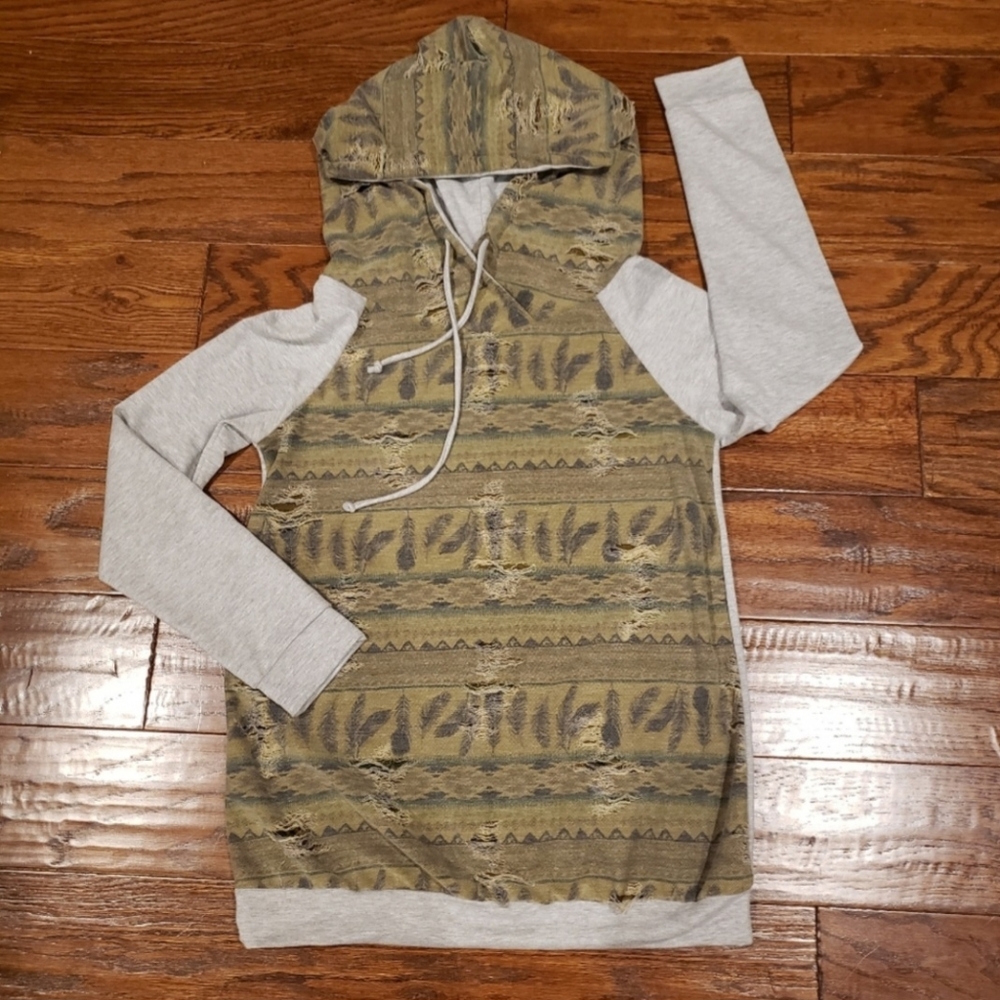 Madeline Sparklestein Distressed Hoodie (Never Worn) - Army Green/Gray -  Size M